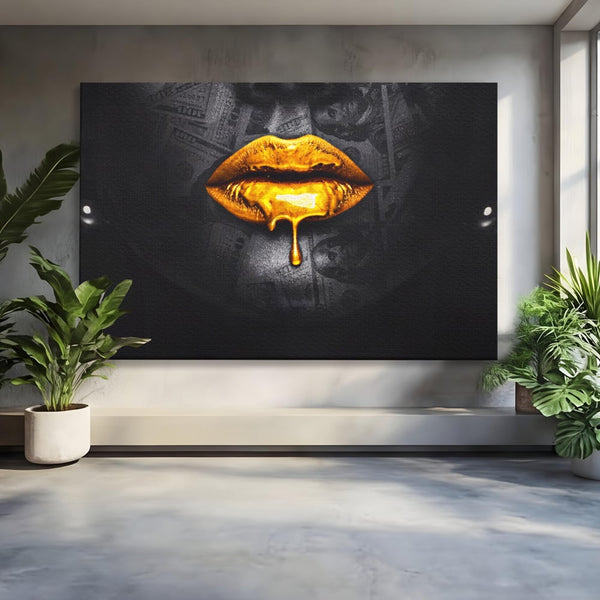 Tablou Canvas Premium LuxCanva® A1205, Gold Lips , Decorativ, Dressing, Buze, Auriu, Dolar, Living, Culori Vibrante