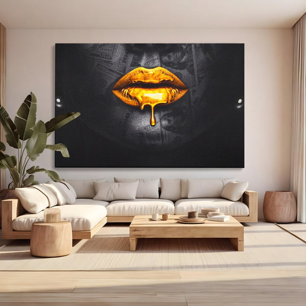 Tablou Canvas Premium LuxCanva® A1205, Gold Lips , Decorativ, Dressing, Buze, Auriu, Dolar, Living, Culori Vibrante