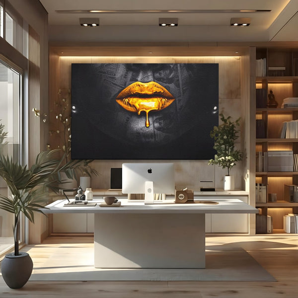 Tablou Canvas Premium LuxCanva® A1205, Gold Lips , Decorativ, Dressing, Buze, Auriu, Dolar, Living, Culori Vibrante