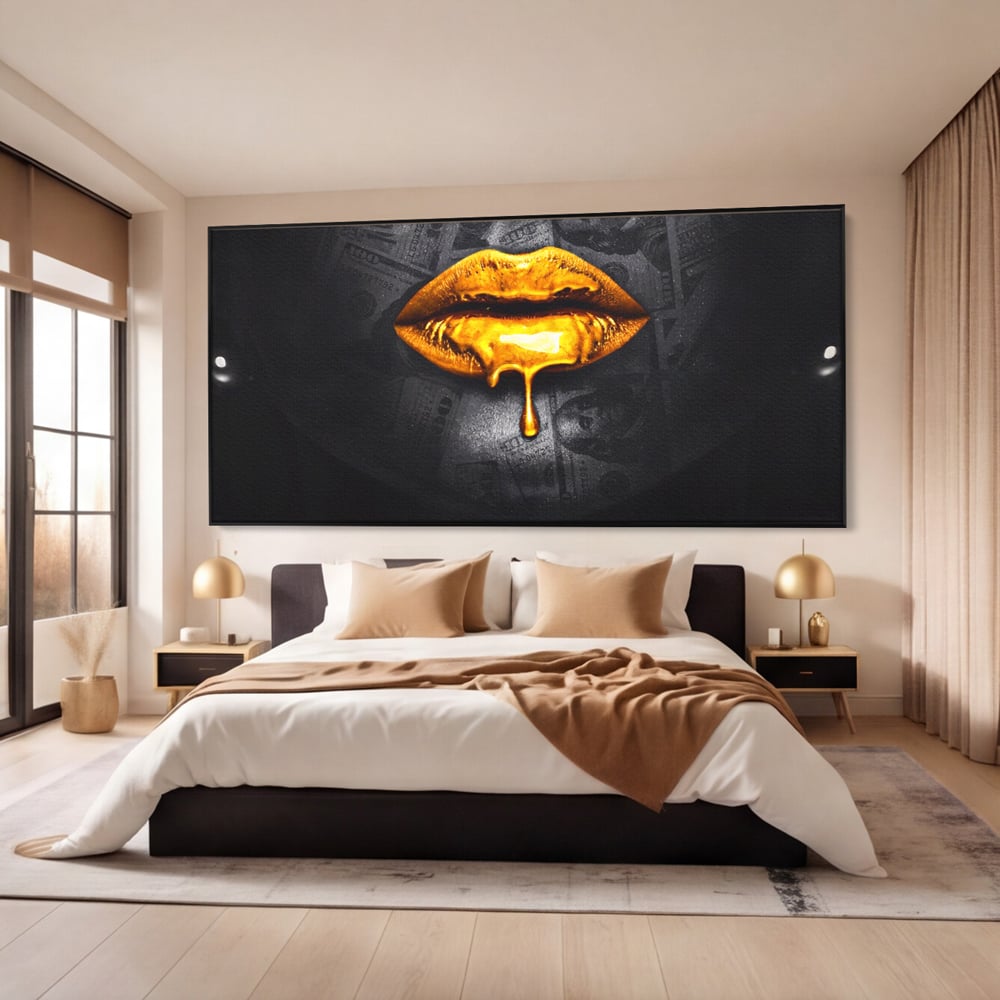Leinwandbilder Premium LuxCanva® A1205, Gold Lips , Dekorativ, Dressing, Lippen, Lippen, Gold, Dollar, Wohnen, Lebendige Farben