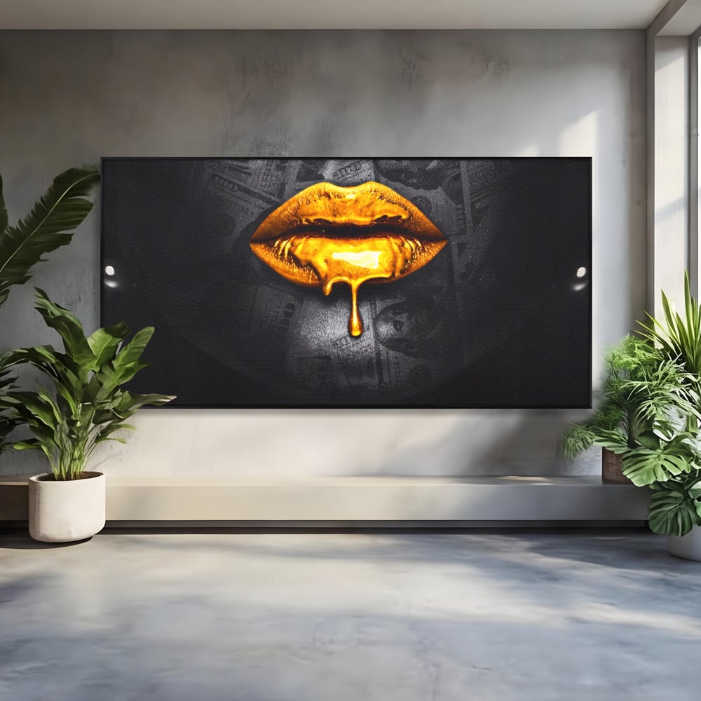 Leinwandbilder Premium LuxCanva® A1205, Gold Lips , Dekorativ, Dressing, Lippen, Lippen, Gold, Dollar, Wohnen, Lebendige Farben