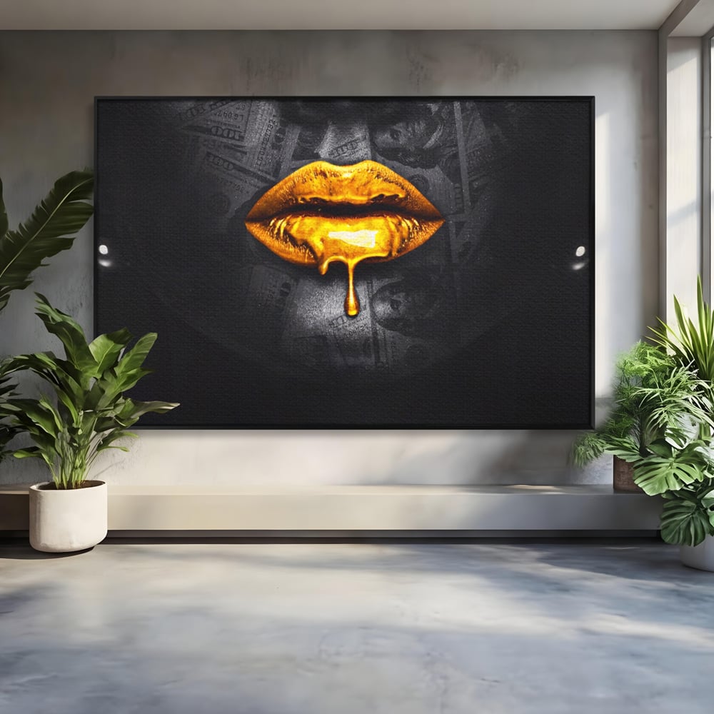Leinwandbilder Premium LuxCanva® A1205, Gold Lips , Dekorativ, Dressing, Lippen, Lippen, Gold, Dollar, Wohnen, Lebendige Farben