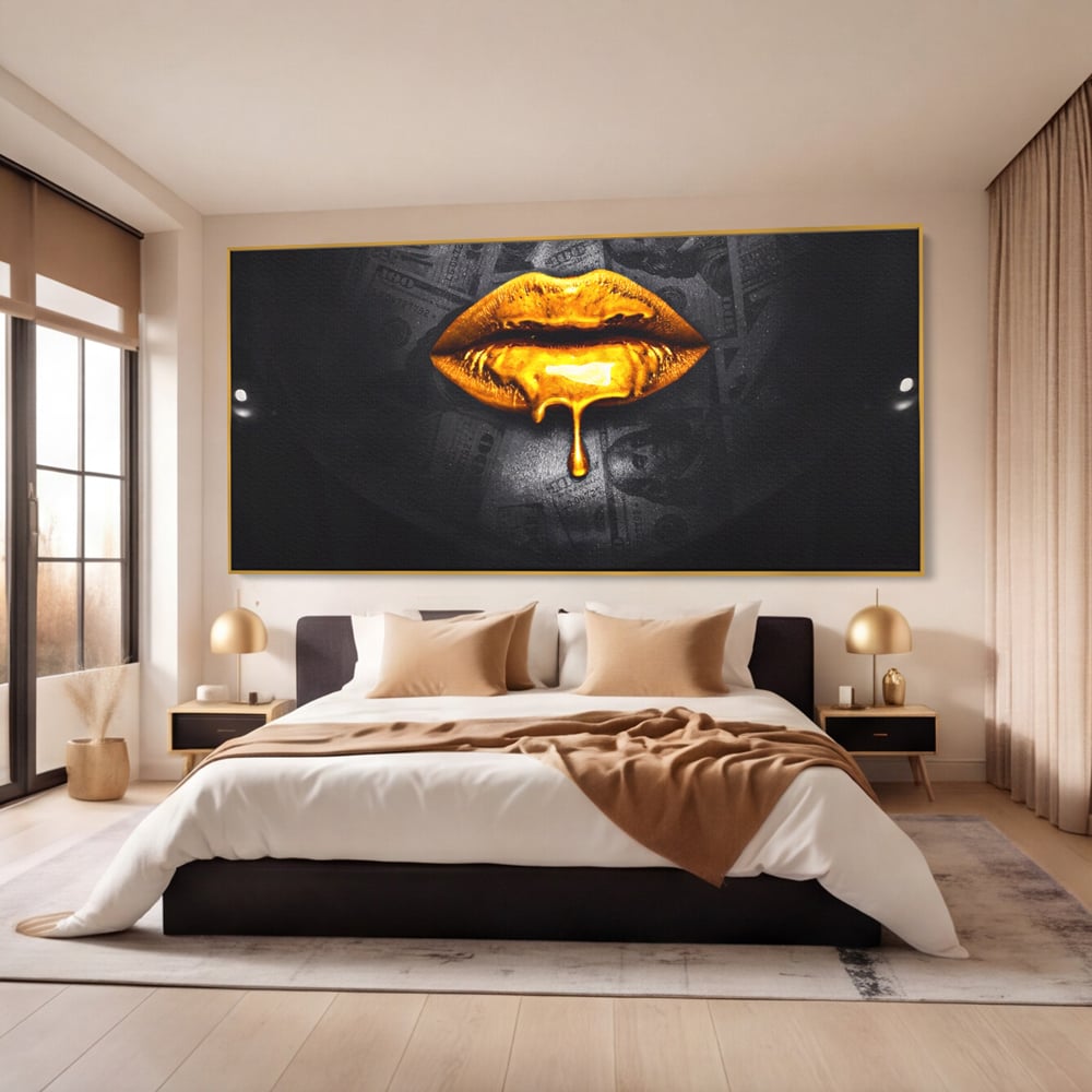 Leinwandbilder Premium LuxCanva® A1205, Gold Lips , Dekorativ, Dressing, Lippen, Lippen, Gold, Dollar, Wohnen, Lebendige Farben