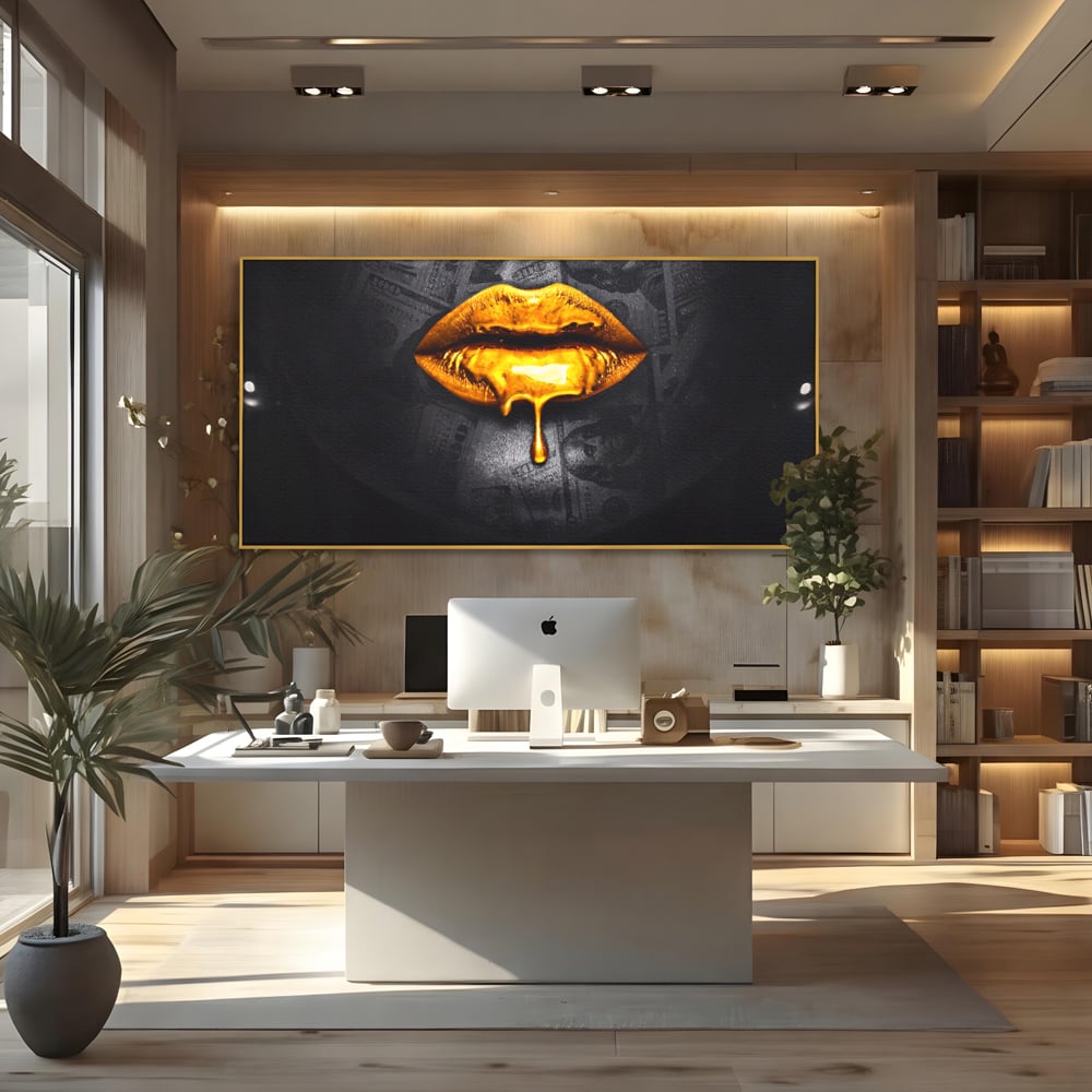 Leinwandbilder Premium LuxCanva® A1205, Gold Lips , Dekorativ, Dressing, Lippen, Lippen, Gold, Dollar, Wohnen, Lebendige Farben