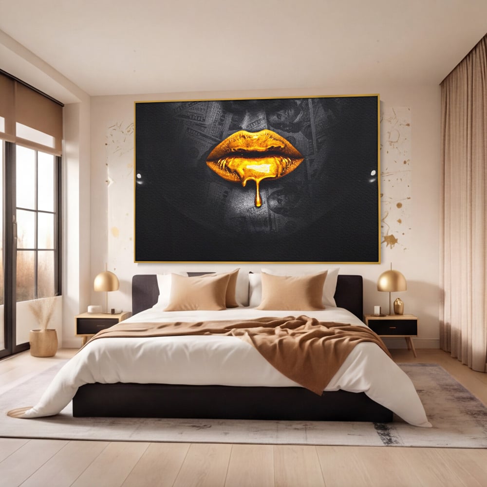 Leinwandbilder Premium LuxCanva® A1205, Gold Lips , Dekorativ, Dressing, Lippen, Lippen, Gold, Dollar, Wohnen, Lebendige Farben