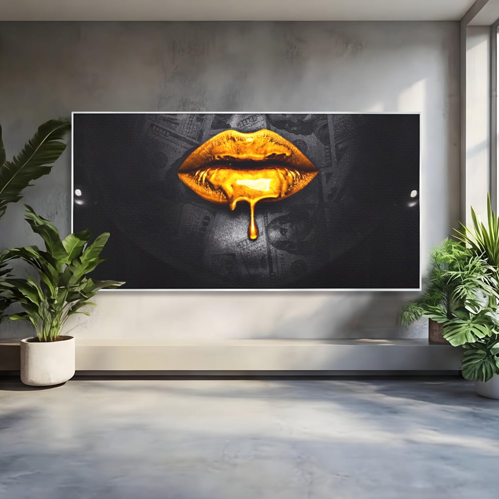 Leinwandbilder Premium LuxCanva® A1205, Gold Lips , Dekorativ, Dressing, Lippen, Lippen, Gold, Dollar, Wohnen, Lebendige Farben