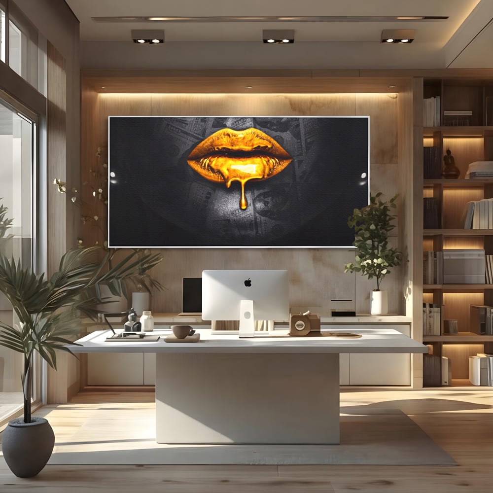 Leinwandbilder Premium LuxCanva® A1205, Gold Lips , Dekorativ, Dressing, Lippen, Lippen, Gold, Dollar, Wohnen, Lebendige Farben