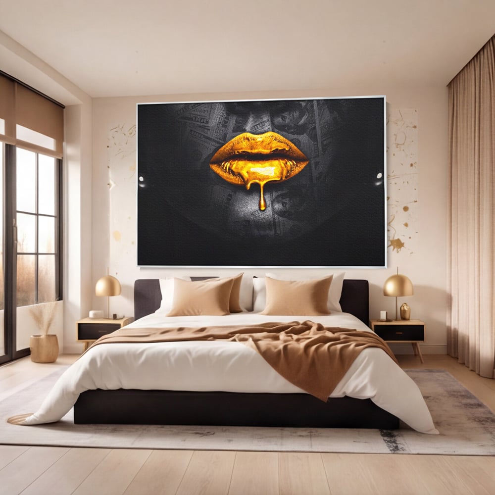 Leinwandbilder Premium LuxCanva® A1205, Gold Lips , Dekorativ, Dressing, Lippen, Lippen, Gold, Dollar, Wohnen, Lebendige Farben
