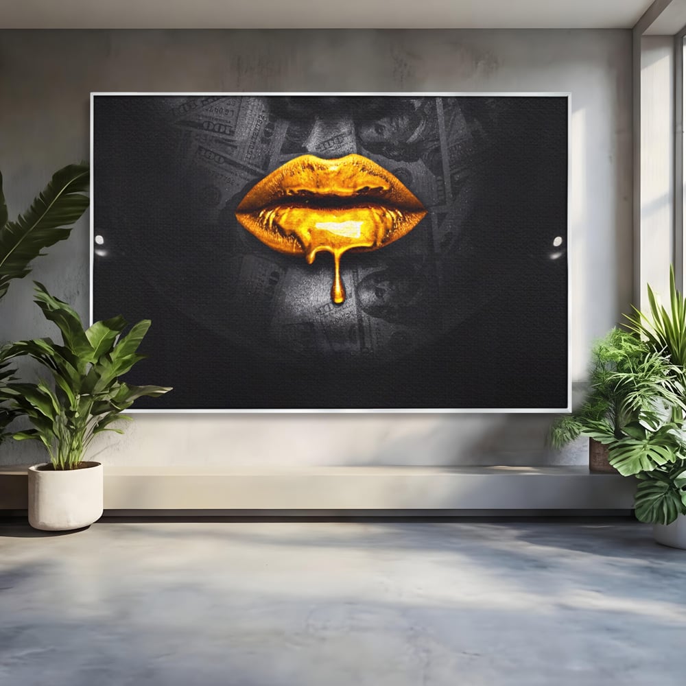 Leinwandbilder Premium LuxCanva® A1205, Gold Lips , Dekorativ, Dressing, Lippen, Lippen, Gold, Dollar, Wohnen, Lebendige Farben