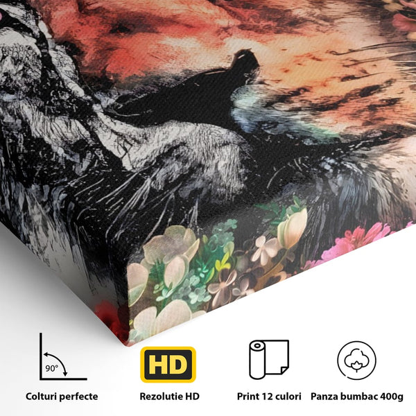 Tablou Canvas Premium LuxCanva® A1211, Lion With Flowers , Leu, Regele Junglei, Flori, Colorat, Safari, Culori Vibrante