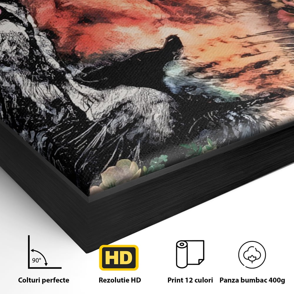 Tablou Canvas Premium LuxCanva® A1211, Lion With Flowers , Leu, Regele Junglei, Flori, Colorat, Safari, Culori Vibrante