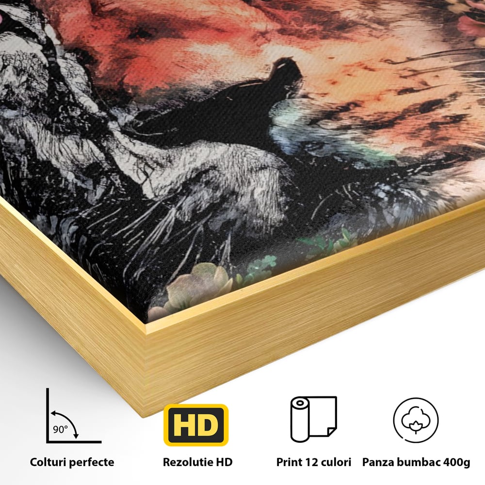 Tablou Canvas Premium LuxCanva® A1211, Lion With Flowers , Leu, Regele Junglei, Flori, Colorat, Safari, Culori Vibrante