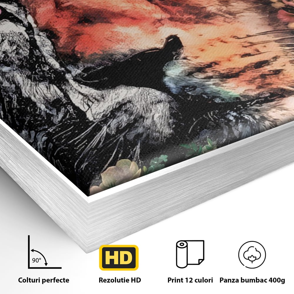Tablou Canvas Premium LuxCanva® A1211, Lion With Flowers , Leu, Regele Junglei, Flori, Colorat, Safari, Culori Vibrante