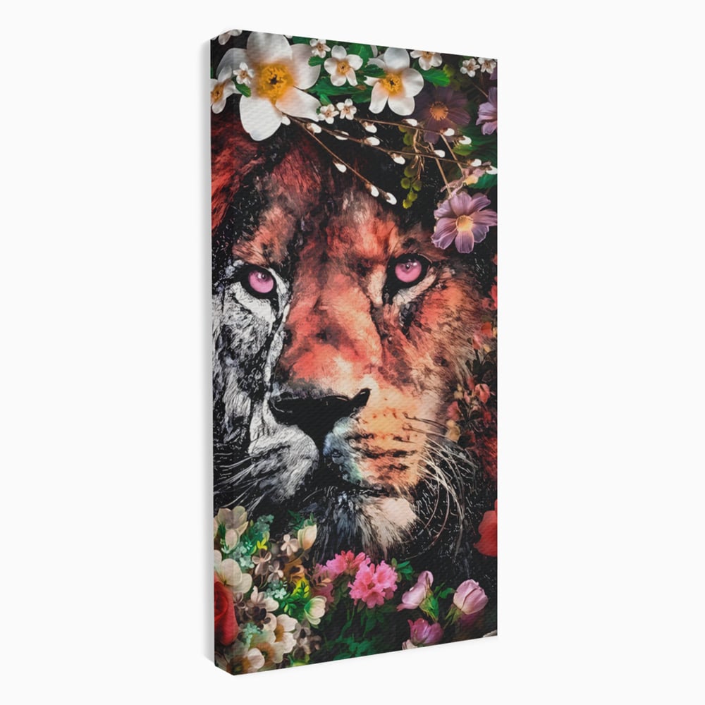 Tablou Canvas Premium LuxCanva® A1211, Lion With Flowers , Leu, Regele Junglei, Flori, Colorat, Safari, Culori Vibrante