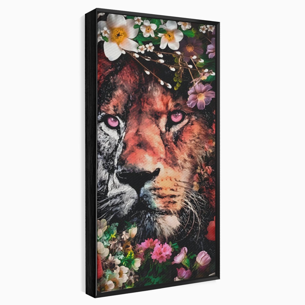 Tablou Canvas Premium LuxCanva® A1211, Lion With Flowers , Leu, Regele Junglei, Flori, Colorat, Safari, Culori Vibrante