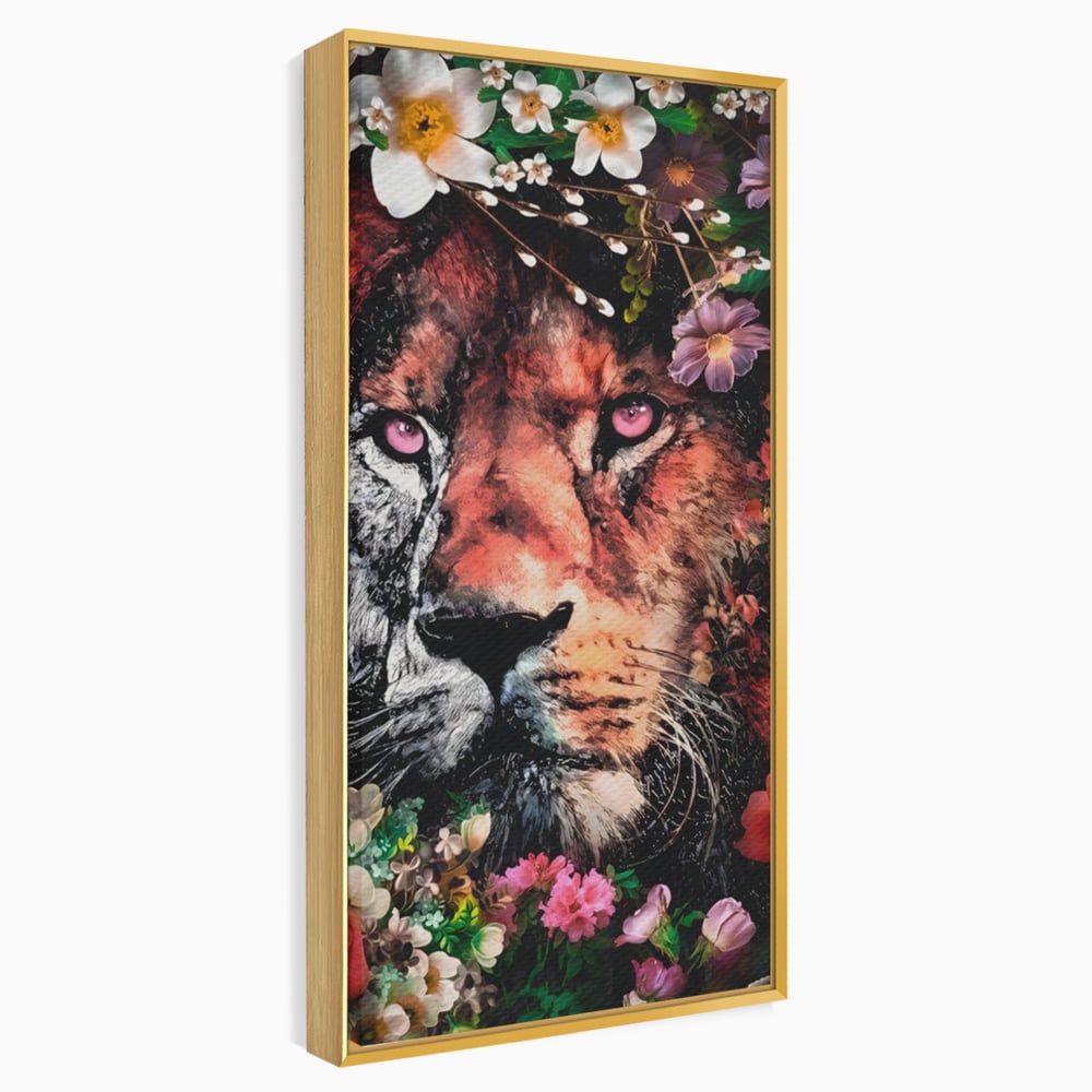 Tablou Canvas Premium LuxCanva® A1211, Lion With Flowers , Leu, Regele Junglei, Flori, Colorat, Safari, Culori Vibrante