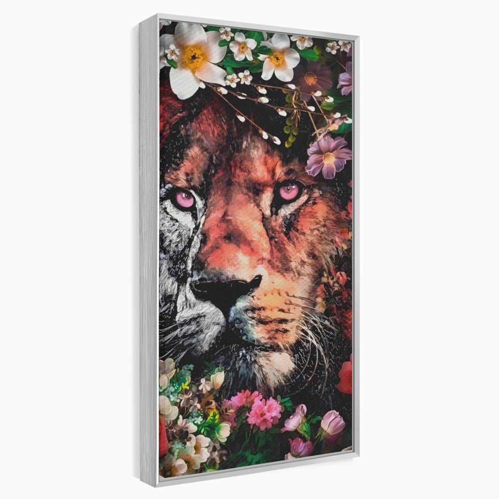 Tablou Canvas Premium LuxCanva® A1211, Lion With Flowers , Leu, Regele Junglei, Flori, Colorat, Safari, Culori Vibrante