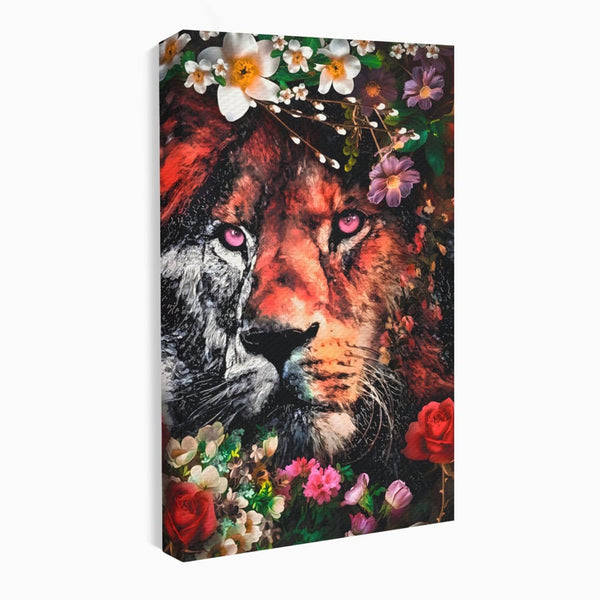 Tablou Canvas Premium LuxCanva® A1211, Lion With Flowers , Leu, Regele Junglei, Flori, Colorat, Safari, Culori Vibrante