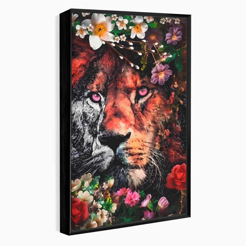 Tablou Canvas Premium LuxCanva® A1211, Lion With Flowers , Leu, Regele Junglei, Flori, Colorat, Safari, Culori Vibrante