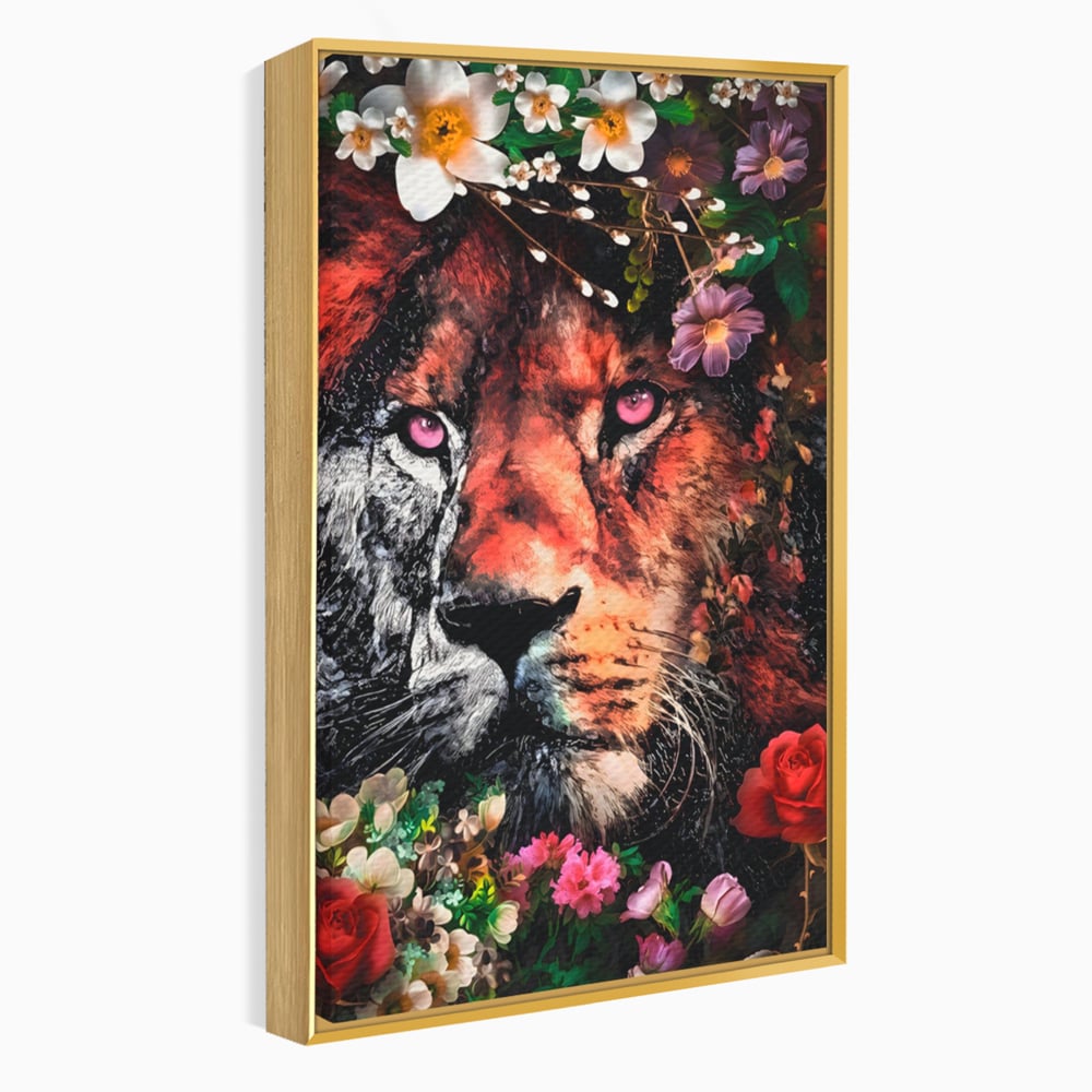 Tablou Canvas Premium LuxCanva® A1211, Lion With Flowers , Leu, Regele Junglei, Flori, Colorat, Safari, Culori Vibrante
