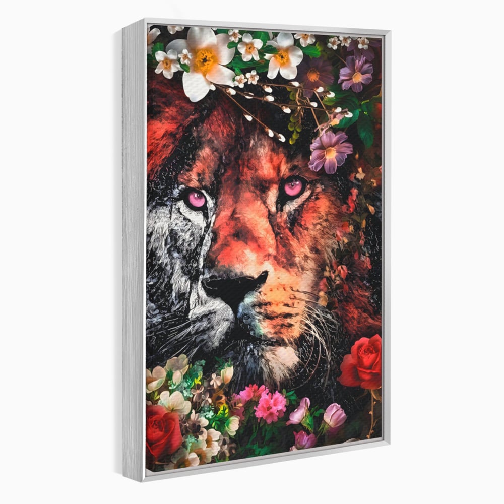 Tablou Canvas Premium LuxCanva® A1211, Lion With Flowers , Leu, Regele Junglei, Flori, Colorat, Safari, Culori Vibrante