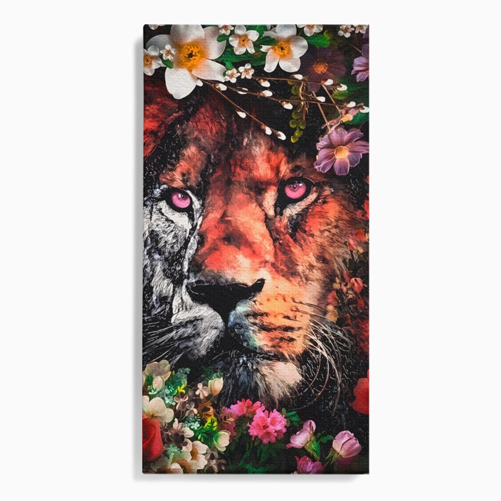 Tablou Canvas Premium LuxCanva® A1211, Lion With Flowers , Leu, Regele Junglei, Flori, Colorat, Safari, Culori Vibrante