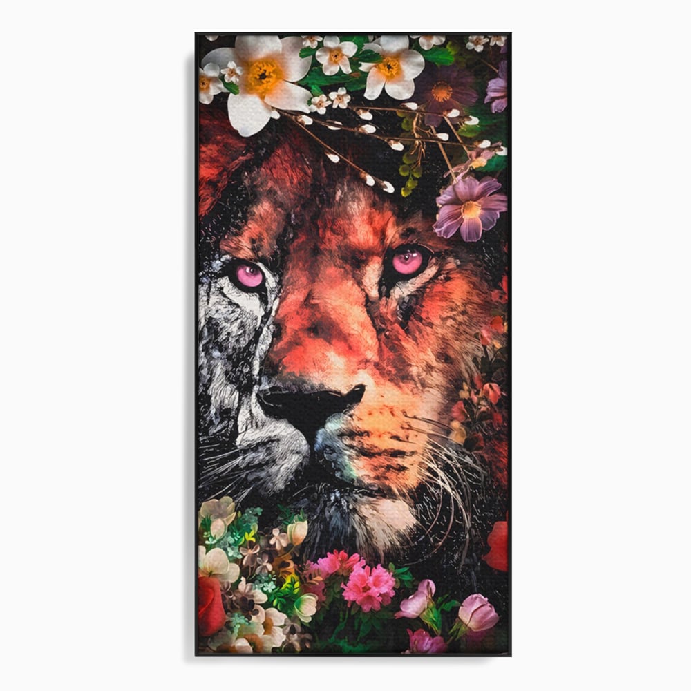 Tablou Canvas Premium LuxCanva® A1211, Lion With Flowers , Leu, Regele Junglei, Flori, Colorat, Safari, Culori Vibrante