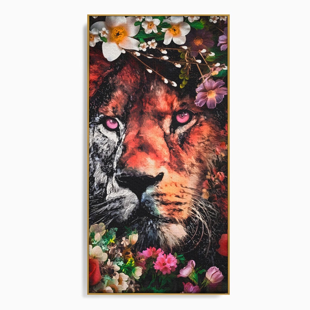 Tablou Canvas Premium LuxCanva® A1211, Lion With Flowers , Leu, Regele Junglei, Flori, Colorat, Safari, Culori Vibrante