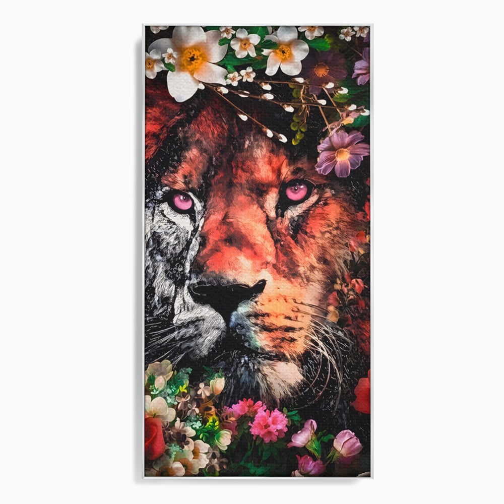 Tablou Canvas Premium LuxCanva® A1211, Lion With Flowers , Leu, Regele Junglei, Flori, Colorat, Safari, Culori Vibrante