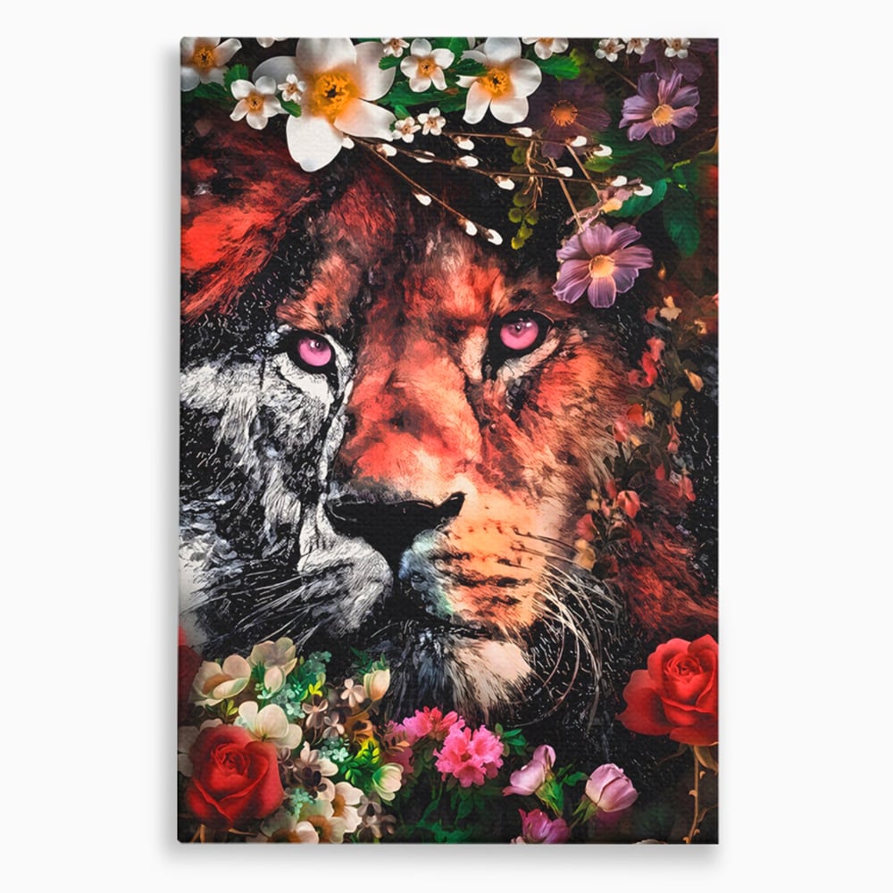 Tablou Canvas Premium LuxCanva® A1211, Lion With Flowers , Leu, Regele Junglei, Flori, Colorat, Safari, Culori Vibrante