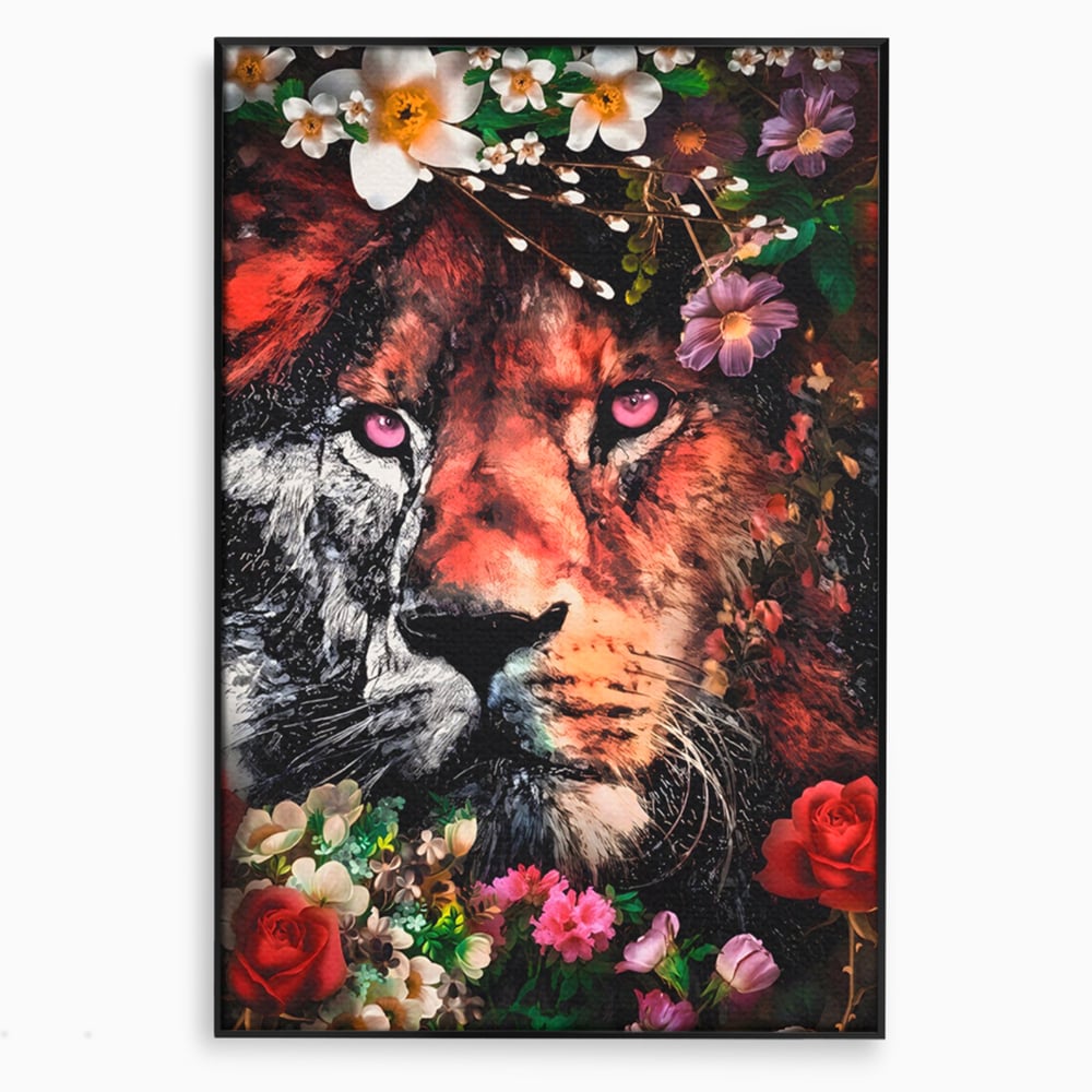 Tablou Canvas Premium LuxCanva® A1211, Lion With Flowers , Leu, Regele Junglei, Flori, Colorat, Safari, Culori Vibrante