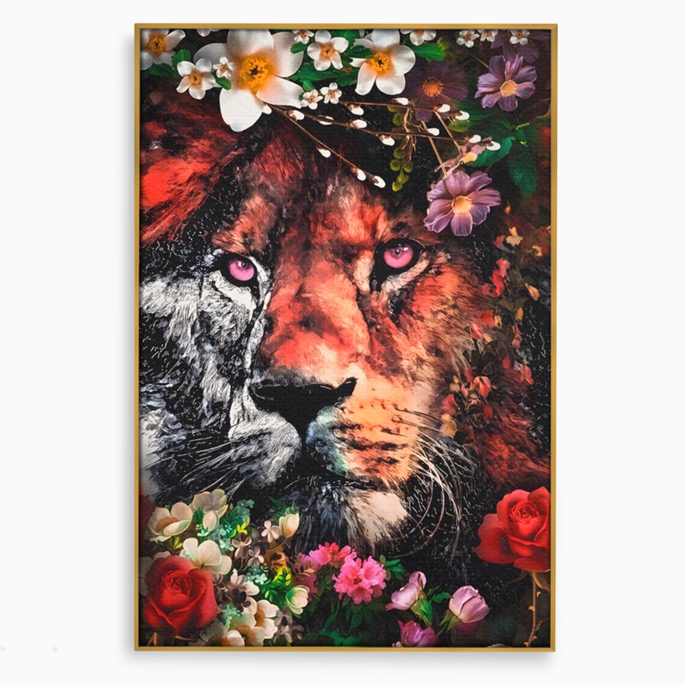 Tablou Canvas Premium LuxCanva® A1211, Lion With Flowers , Leu, Regele Junglei, Flori, Colorat, Safari, Culori Vibrante