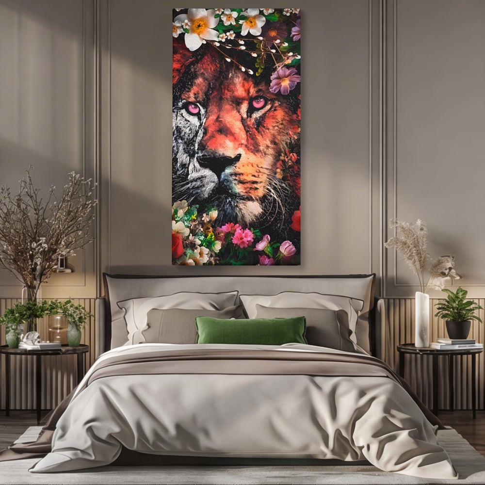 Tablou Canvas Premium LuxCanva® A1211, Lion With Flowers , Leu, Regele Junglei, Flori, Colorat, Safari, Culori Vibrante