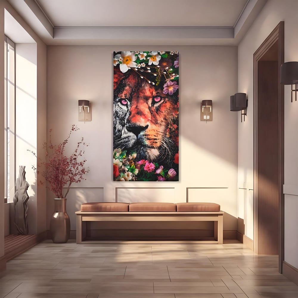 Tablou Canvas Premium LuxCanva® A1211, Lion With Flowers , Leu, Regele Junglei, Flori, Colorat, Safari, Culori Vibrante