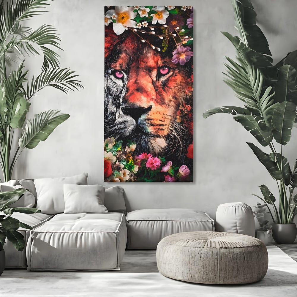 Tablou Canvas Premium LuxCanva® A1211, Lion With Flowers , Leu, Regele Junglei, Flori, Colorat, Safari, Culori Vibrante