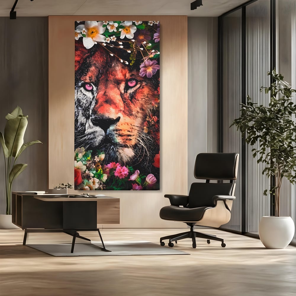 Tablou Canvas Premium LuxCanva® A1211, Lion With Flowers , Leu, Regele Junglei, Flori, Colorat, Safari, Culori Vibrante