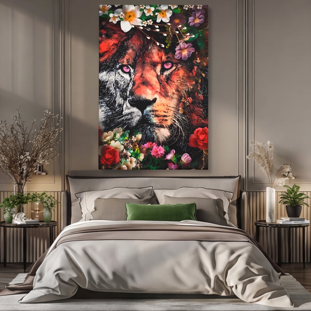 Tablou Canvas Premium LuxCanva® A1211, Lion With Flowers , Leu, Regele Junglei, Flori, Colorat, Safari, Culori Vibrante