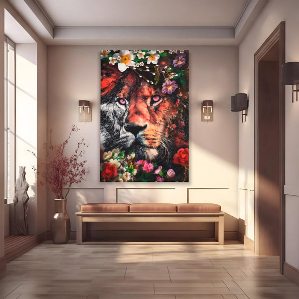 Tablou Canvas Premium LuxCanva® A1211, Lion With Flowers , Leu, Regele Junglei, Flori, Colorat, Safari, Culori Vibrante