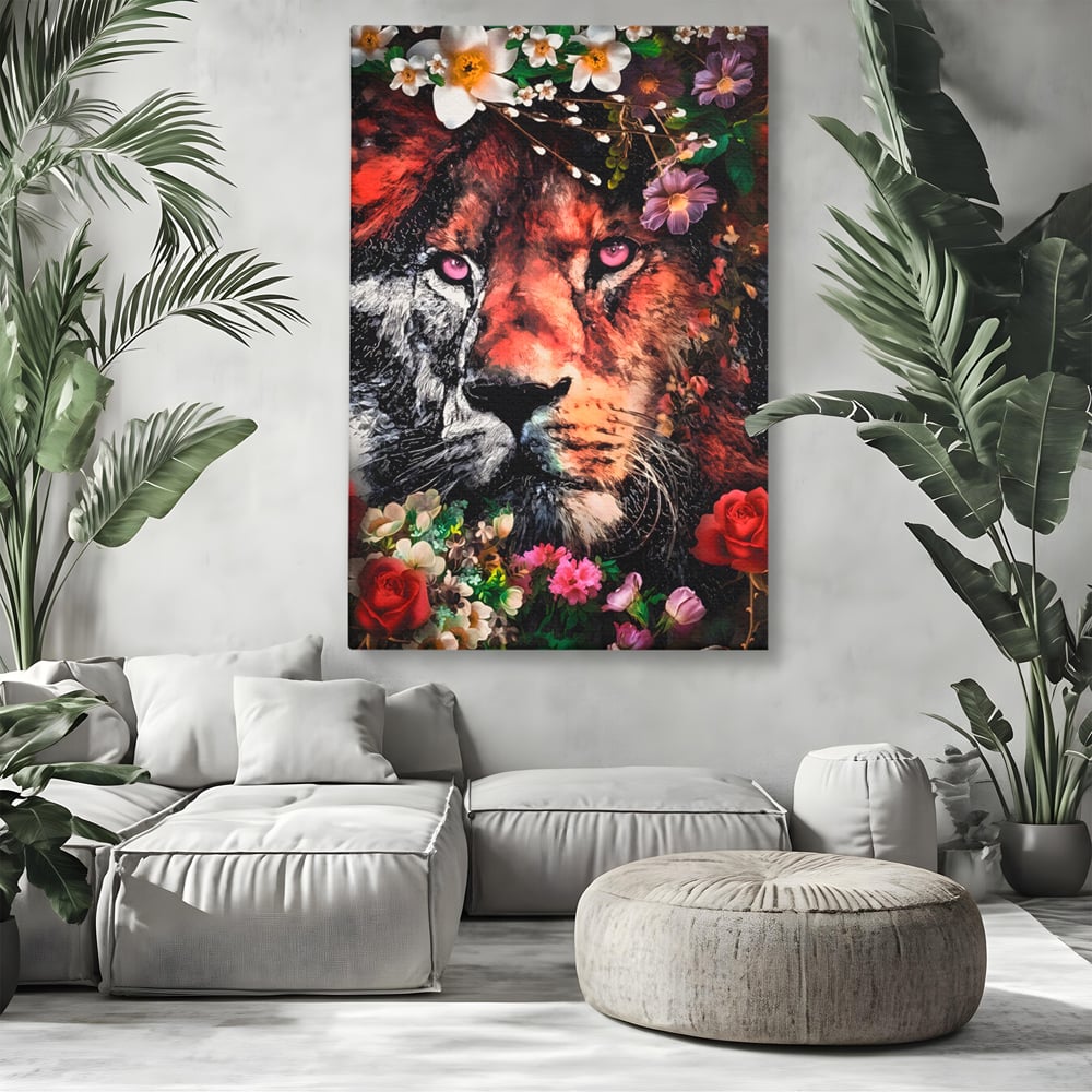 Tablou Canvas Premium LuxCanva® A1211, Lion With Flowers , Leu, Regele Junglei, Flori, Colorat, Safari, Culori Vibrante