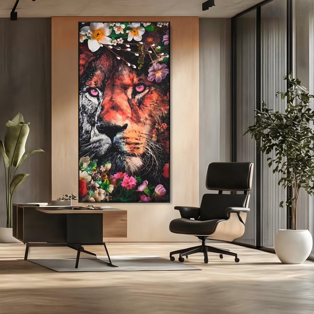 Tablou Canvas Premium LuxCanva® A1211, Lion With Flowers , Leu, Regele Junglei, Flori, Colorat, Safari, Culori Vibrante
