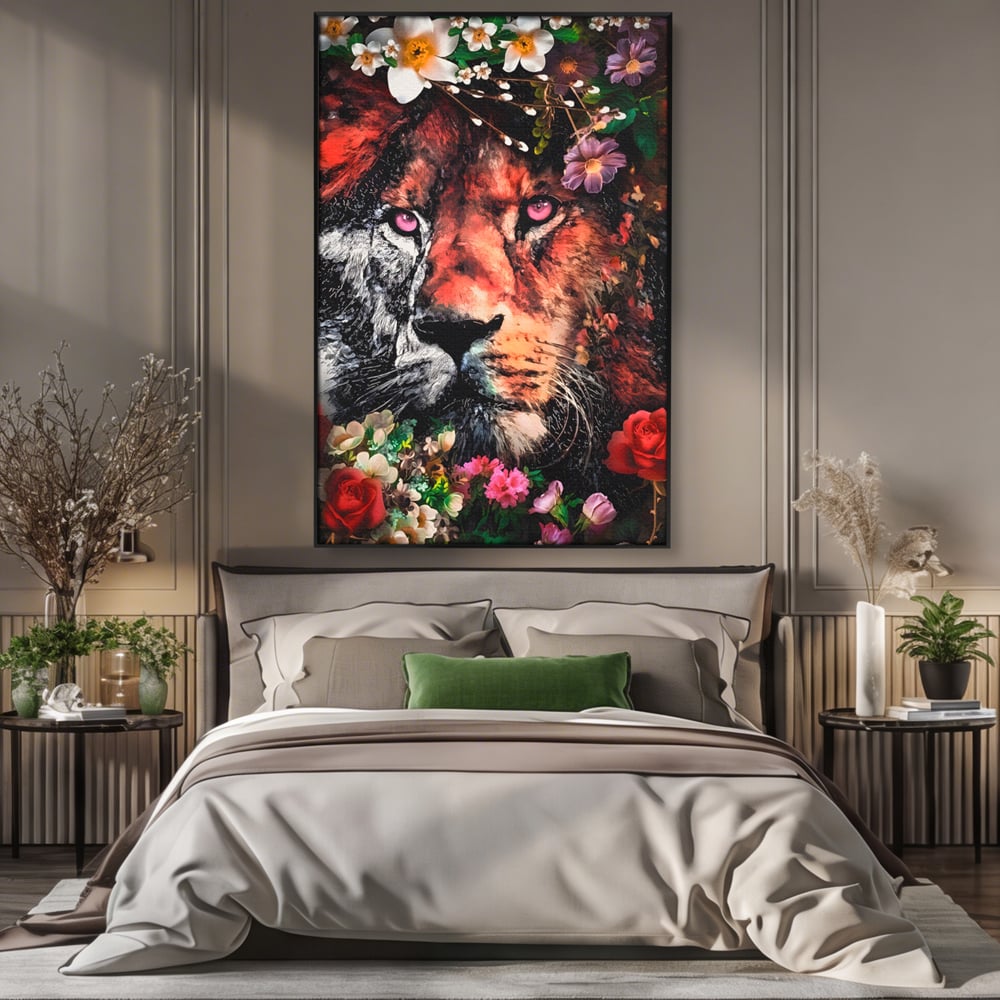 Tablou Canvas Premium LuxCanva® A1211, Lion With Flowers , Leu, Regele Junglei, Flori, Colorat, Safari, Culori Vibrante