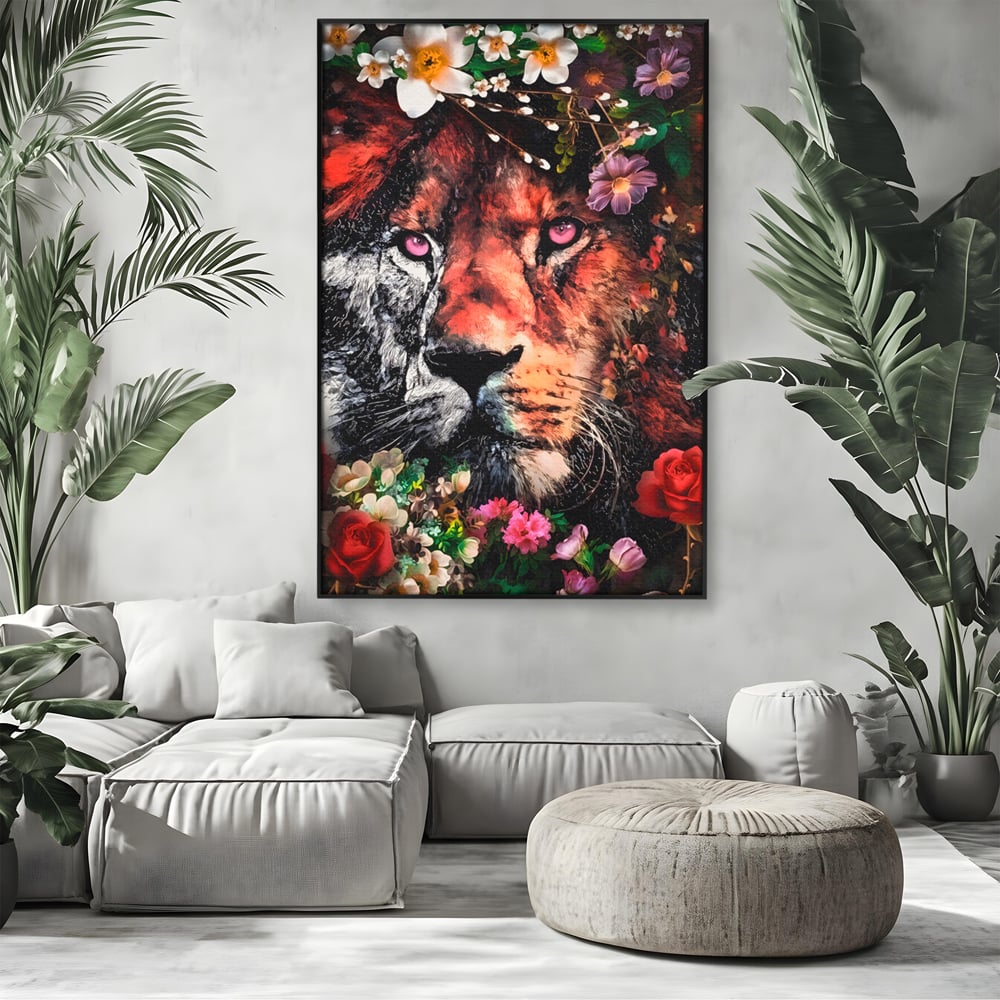 Tablou Canvas Premium LuxCanva® A1211, Lion With Flowers , Leu, Regele Junglei, Flori, Colorat, Safari, Culori Vibrante