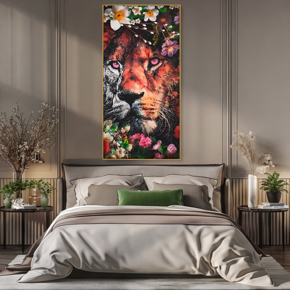 Tablou Canvas Premium LuxCanva® A1211, Lion With Flowers , Leu, Regele Junglei, Flori, Colorat, Safari, Culori Vibrante
