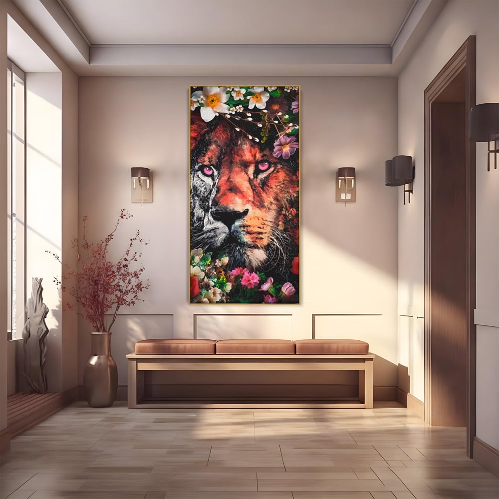 Tablou Canvas Premium LuxCanva® A1211, Lion With Flowers , Leu, Regele Junglei, Flori, Colorat, Safari, Culori Vibrante