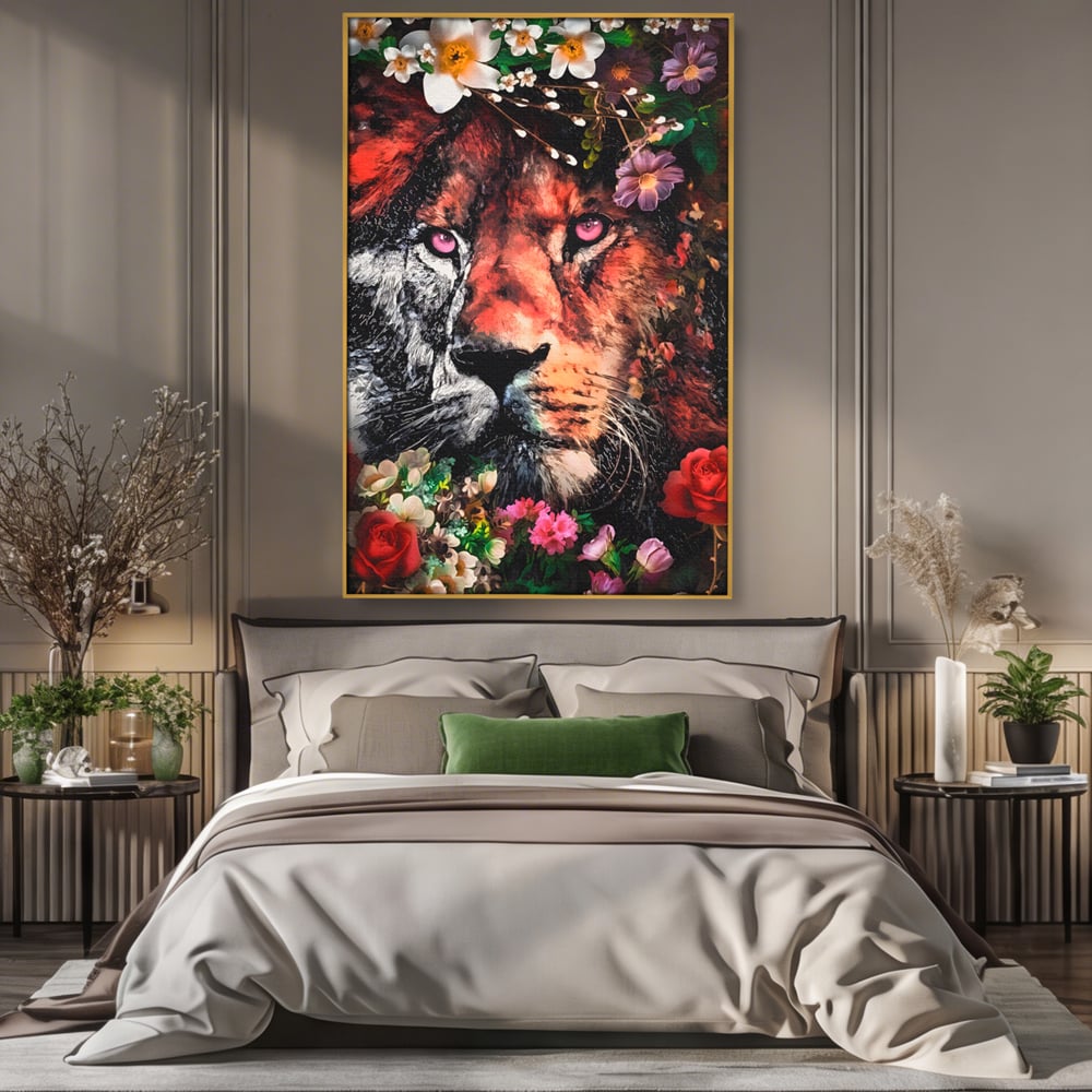 Tablou Canvas Premium LuxCanva® A1211, Lion With Flowers , Leu, Regele Junglei, Flori, Colorat, Safari, Culori Vibrante