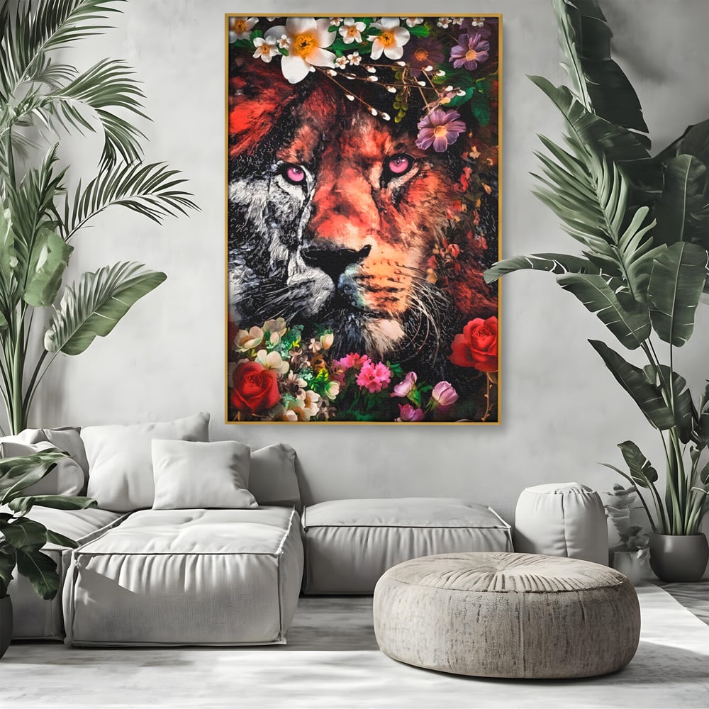 Tablou Canvas Premium LuxCanva® A1211, Lion With Flowers , Leu, Regele Junglei, Flori, Colorat, Safari, Culori Vibrante
