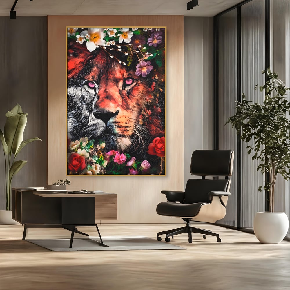 Tablou Canvas Premium LuxCanva® A1211, Lion With Flowers , Leu, Regele Junglei, Flori, Colorat, Safari, Culori Vibrante