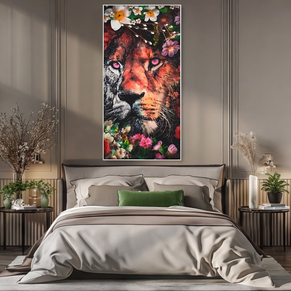Tablou Canvas Premium LuxCanva® A1211, Lion With Flowers , Leu, Regele Junglei, Flori, Colorat, Safari, Culori Vibrante