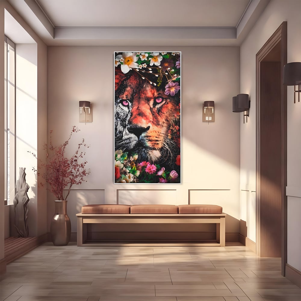 Tablou Canvas Premium LuxCanva® A1211, Lion With Flowers , Leu, Regele Junglei, Flori, Colorat, Safari, Culori Vibrante
