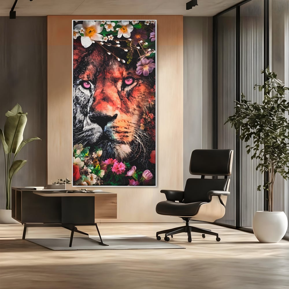 Tablou Canvas Premium LuxCanva® A1211, Lion With Flowers , Leu, Regele Junglei, Flori, Colorat, Safari, Culori Vibrante